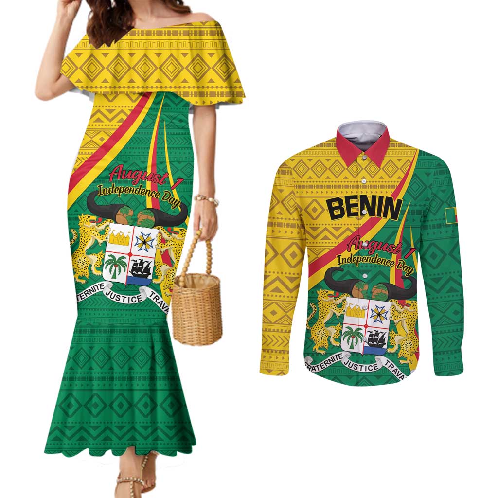 Personalized Benin Independence Day 1960 Couples Matching Mermaid Dress and Long Sleeve Button Shirt Fraternite Justice Travail