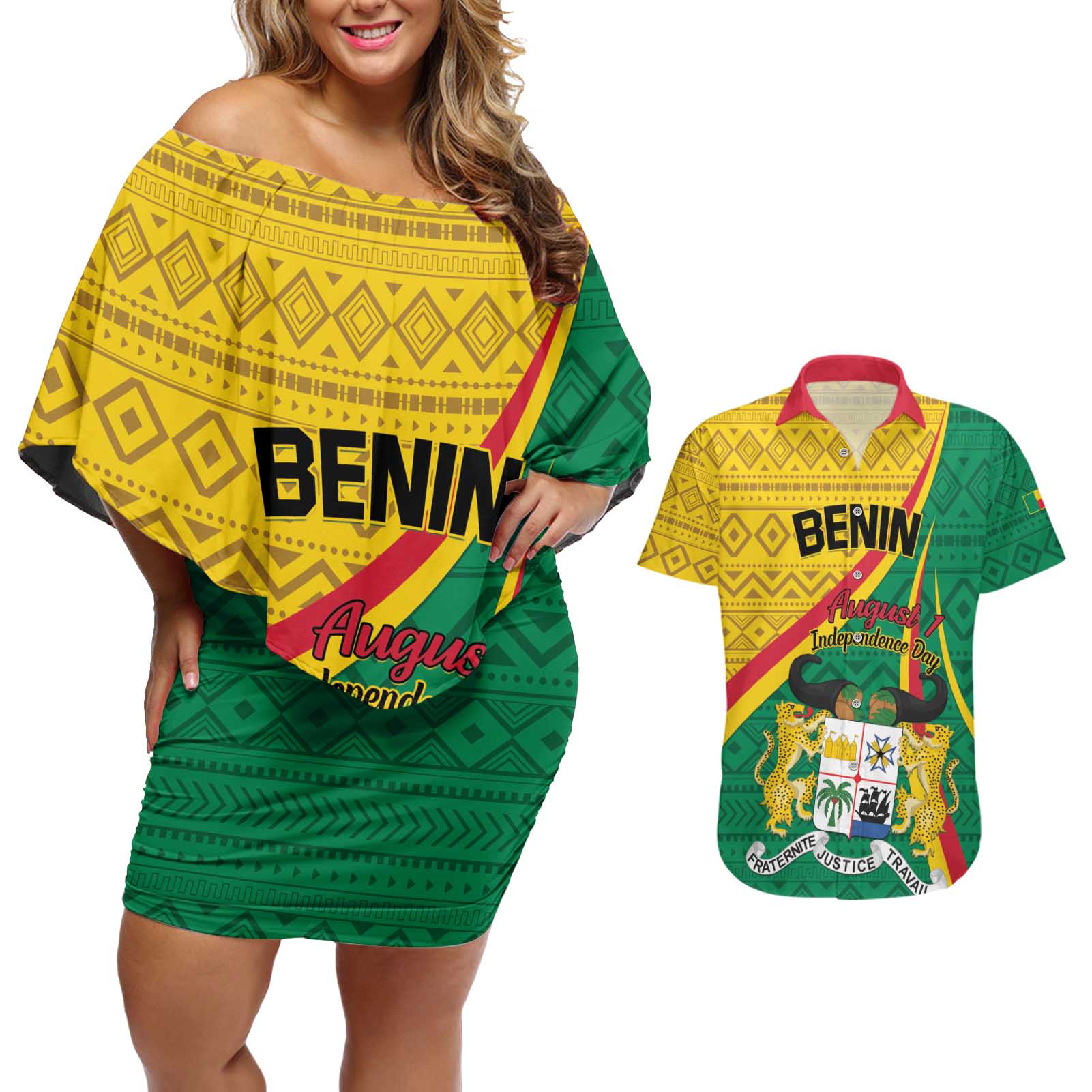 Personalized Benin Independence Day 1960 Couples Matching Off Shoulder Short Dress and Hawaiian Shirt Fraternite Justice Travail - Wonder Print Shop