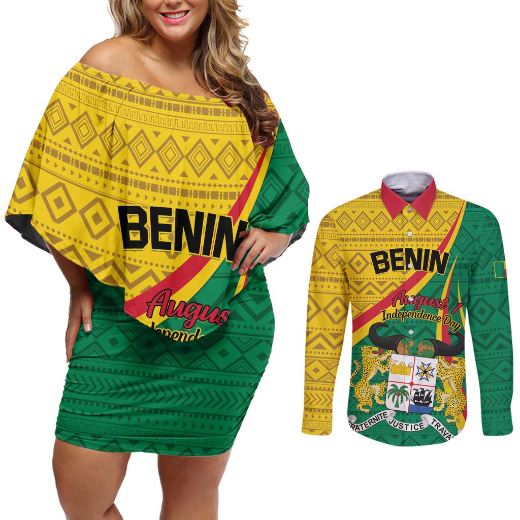 Personalized Benin Independence Day 1960 Couples Matching Off Shoulder Short Dress and Long Sleeve Button Shirt Fraternite Justice Travail - Wonder Print Shop