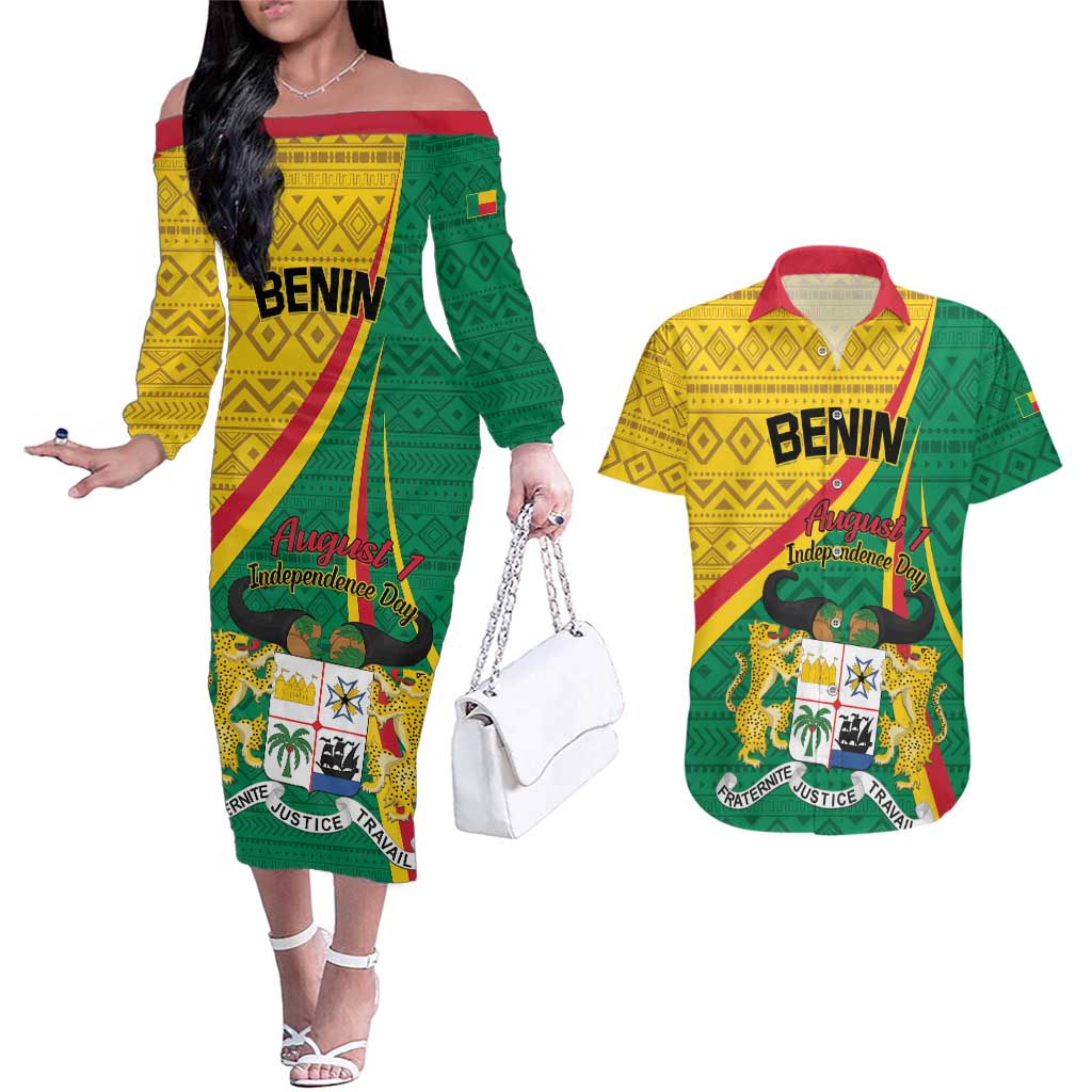 Personalized Benin Independence Day 1960 Couples Matching Off The Shoulder Long Sleeve Dress and Hawaiian Shirt Fraternite Justice Travail - Wonder Print Shop