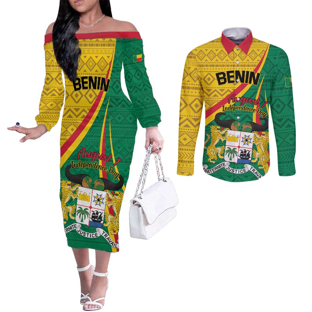 Personalized Benin Independence Day 1960 Couples Matching Off The Shoulder Long Sleeve Dress and Long Sleeve Button Shirt Fraternite Justice Travail