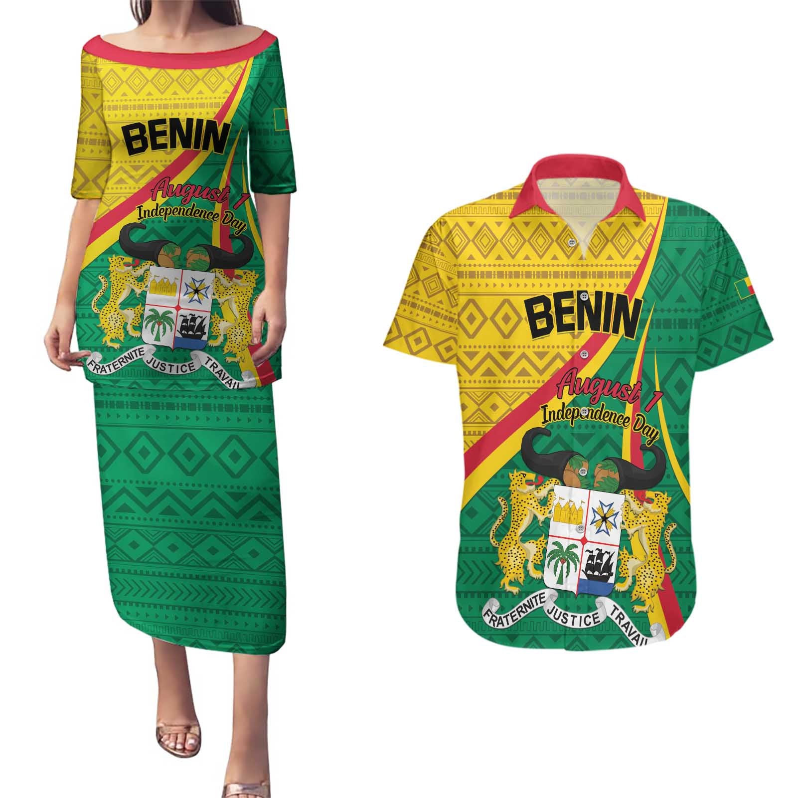 Personalized Benin Independence Day 1960 Couples Matching Puletasi and Hawaiian Shirt Fraternite Justice Travail - Wonder Print Shop