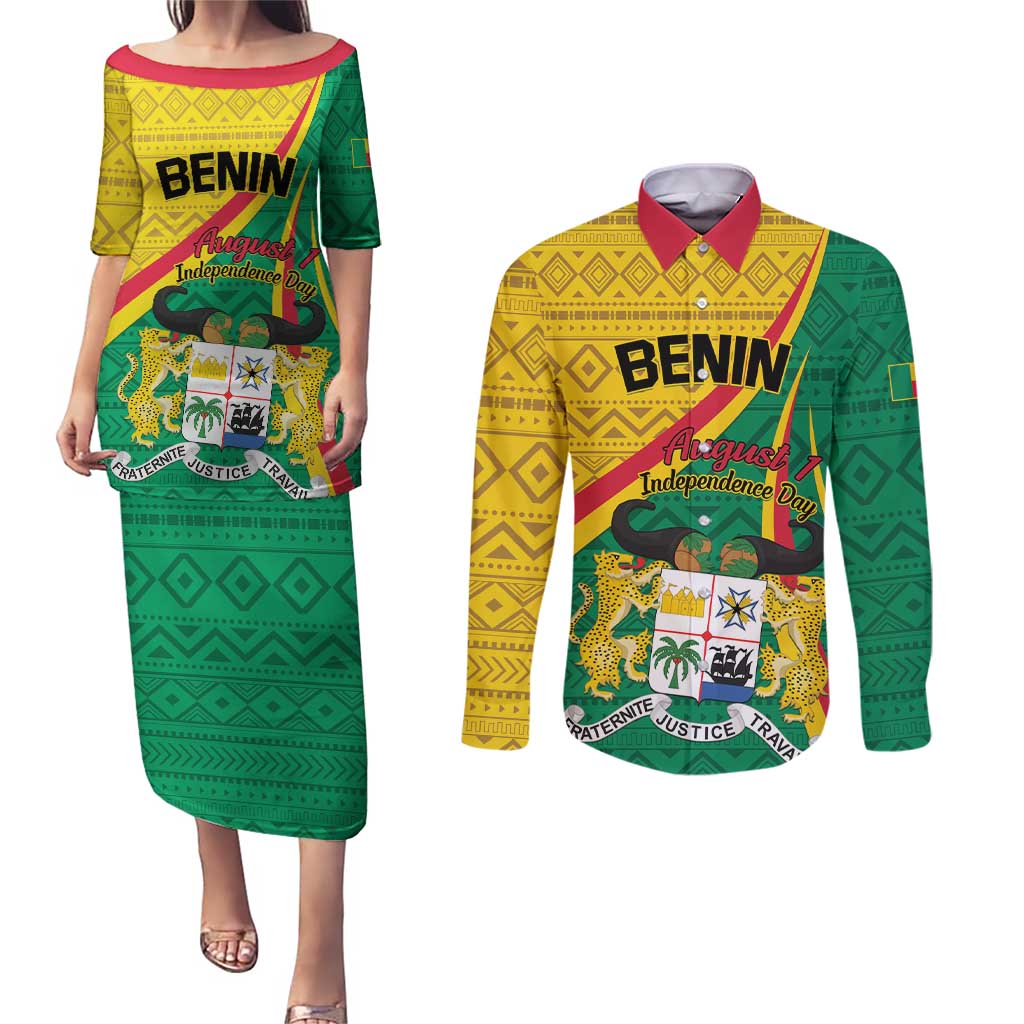 Personalized Benin Independence Day 1960 Couples Matching Puletasi and Long Sleeve Button Shirt Fraternite Justice Travail - Wonder Print Shop