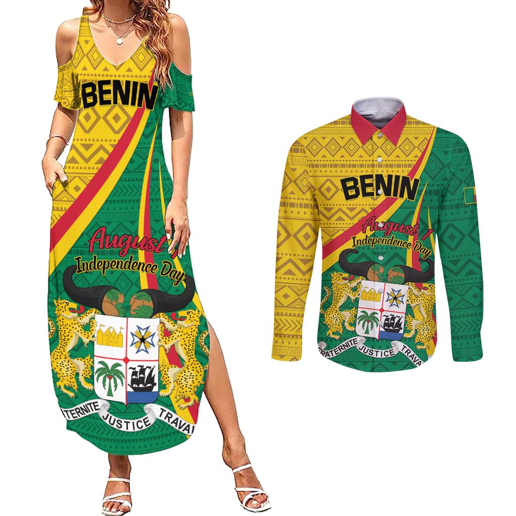 Personalized Benin Independence Day 1960 Couples Matching Summer Maxi Dress and Long Sleeve Button Shirt Fraternite Justice Travail - Wonder Print Shop