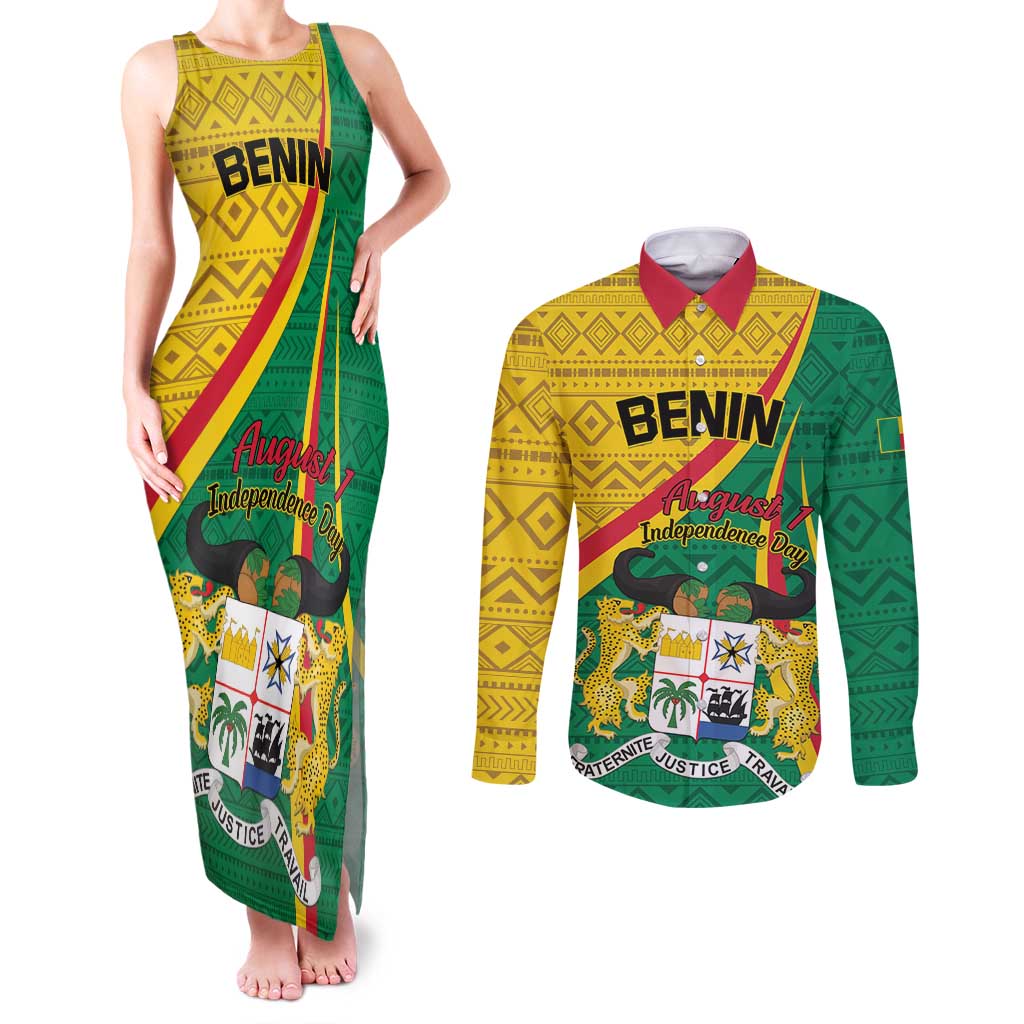 Personalized Benin Independence Day 1960 Couples Matching Tank Maxi Dress and Long Sleeve Button Shirt Fraternite Justice Travail - Wonder Print Shop