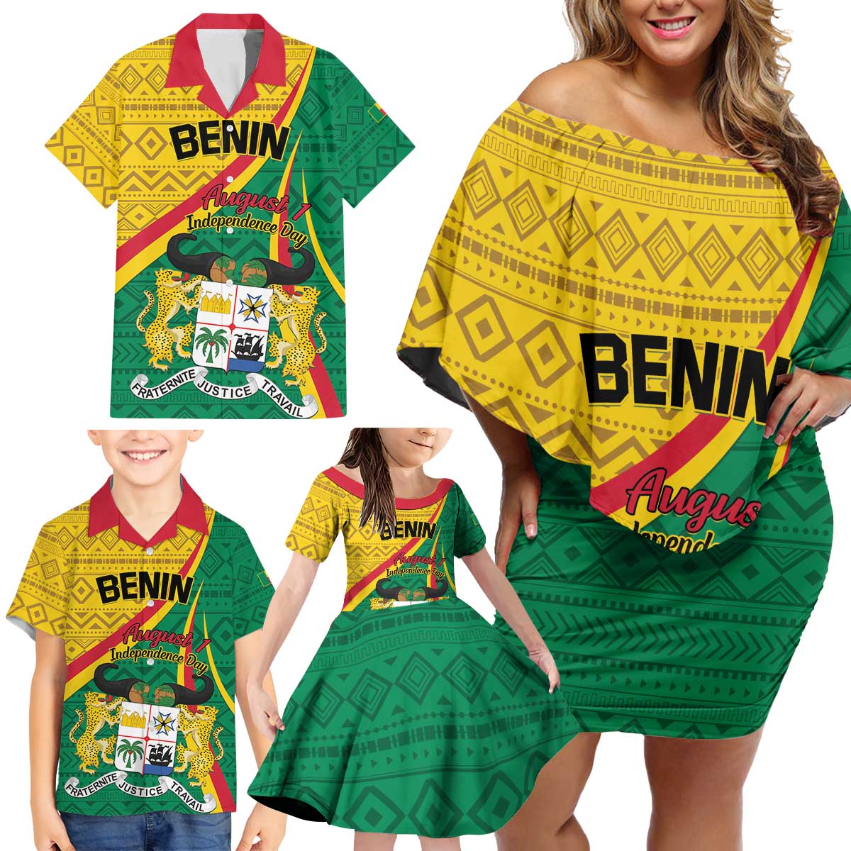 Personalized Benin Independence Day 1960 Family Matching Off Shoulder Short Dress and Hawaiian Shirt Fraternite Justice Travail - Wonder Print Shop