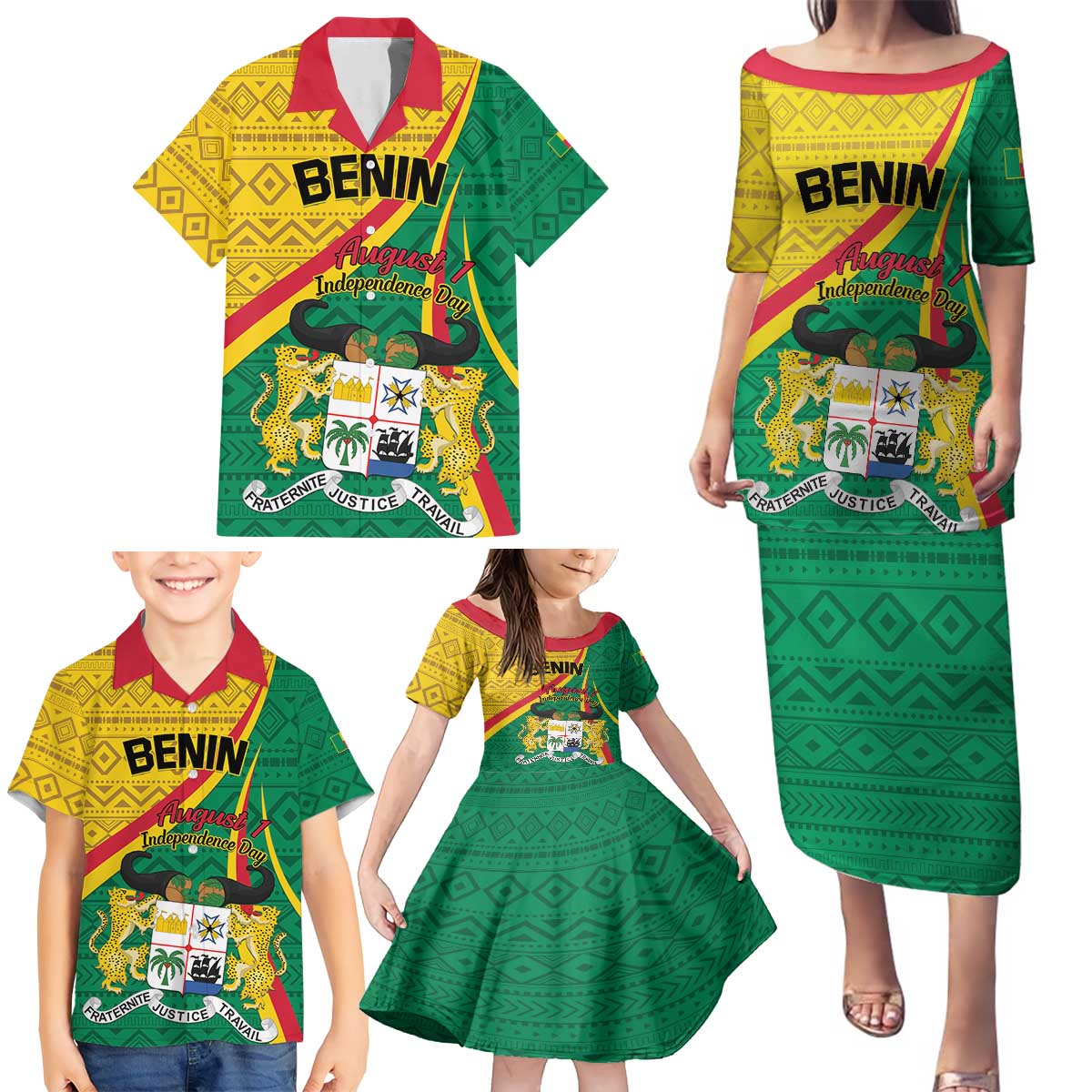 Personalized Benin Independence Day 1960 Family Matching Puletasi and Hawaiian Shirt Fraternite Justice Travail - Wonder Print Shop