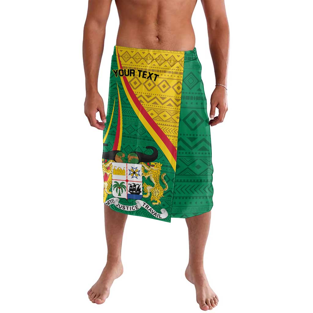 Personalized green-and-yellow lavalava with colorful front panel and emblem graphic