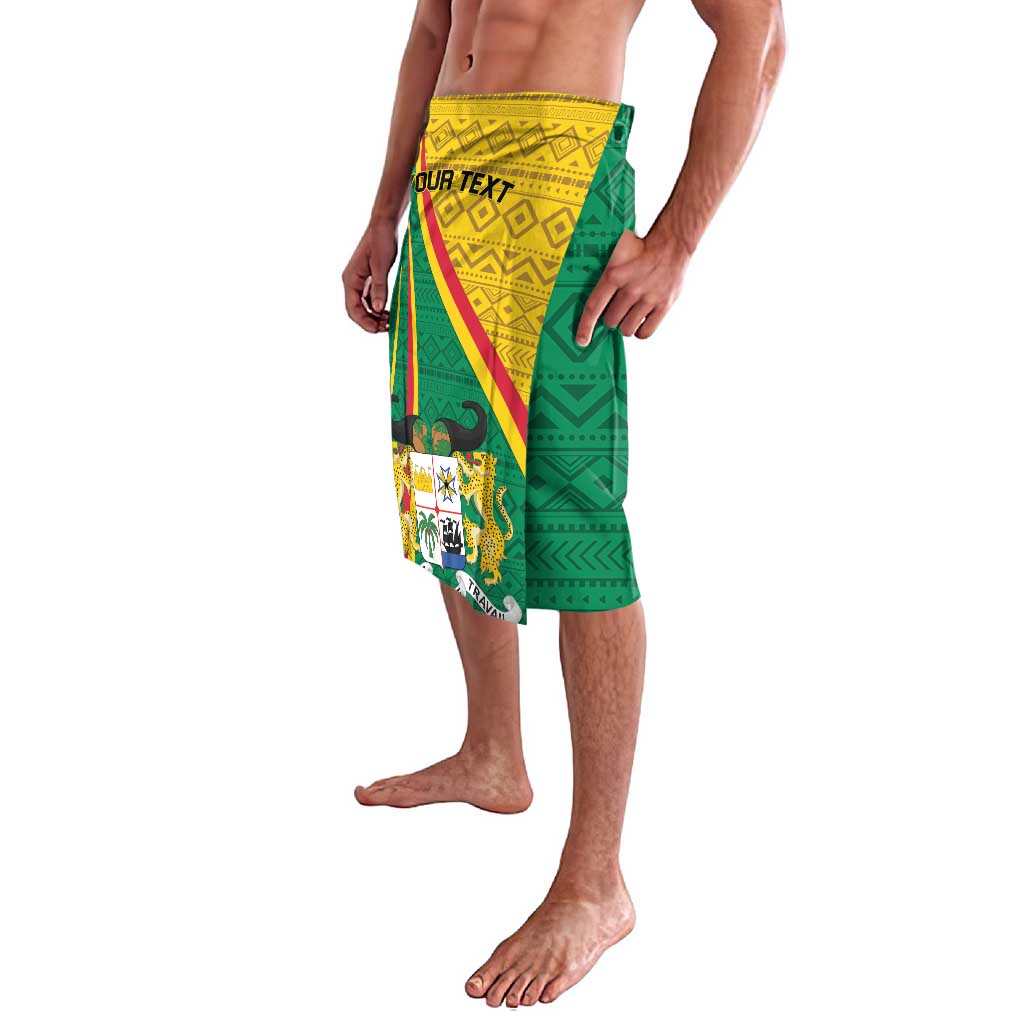 Green and yellow lavalava with diagonal stripe design and side emblem print