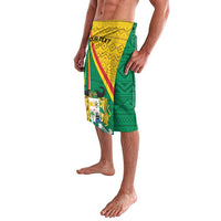 Green and yellow lavalava with diagonal stripe design and side emblem print