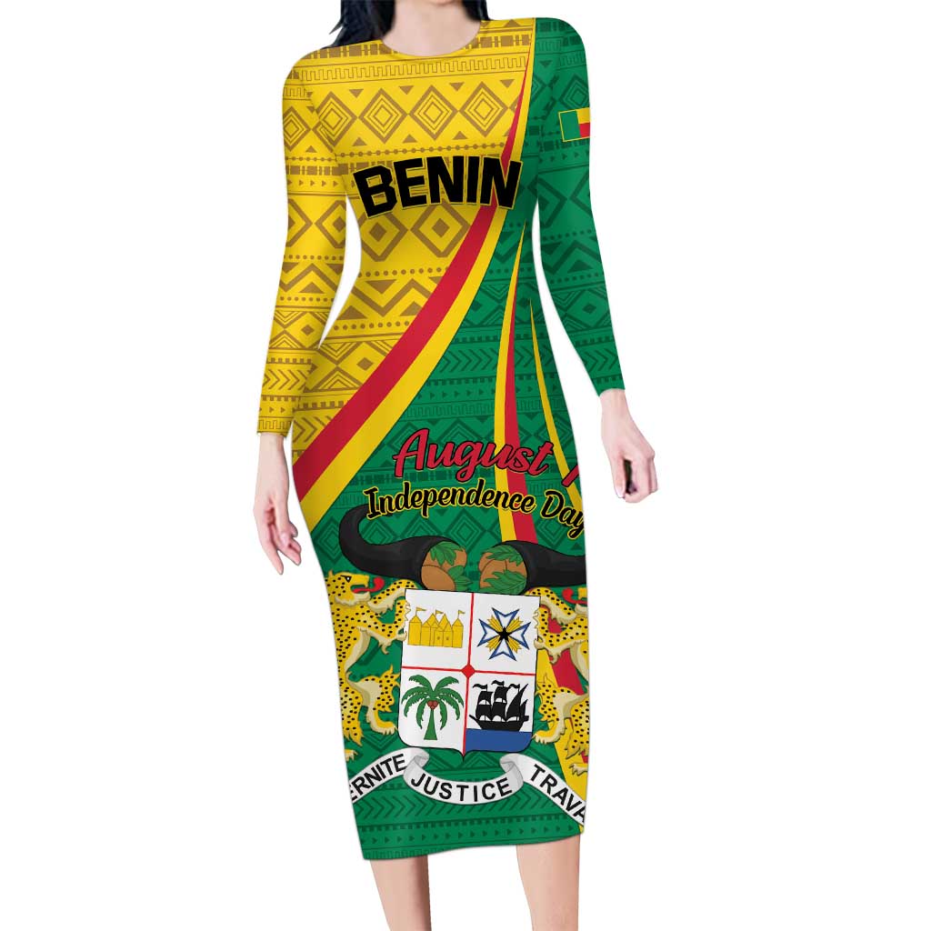 Personalized Benin Independence Day 1960 Long Sleeve Bodycon Dress Fraternite Justice Travail - Wonder Print Shop