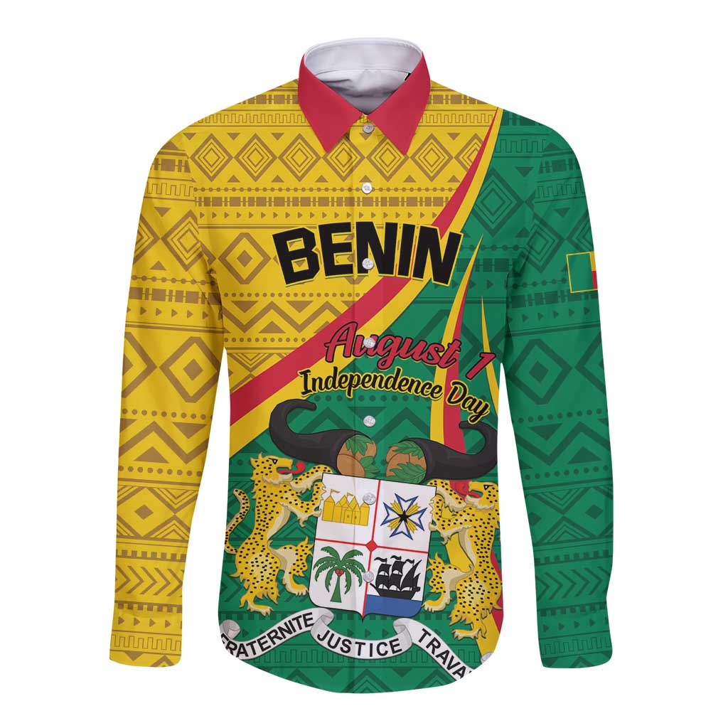 Long-sleeve button shirt in green/yellow with BENIN text and 'August 1 Independence Day'
