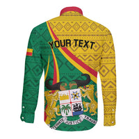 Long-sleeve button shirt in green/yellow with patterned back and 'YOUR TEXT' graphic
