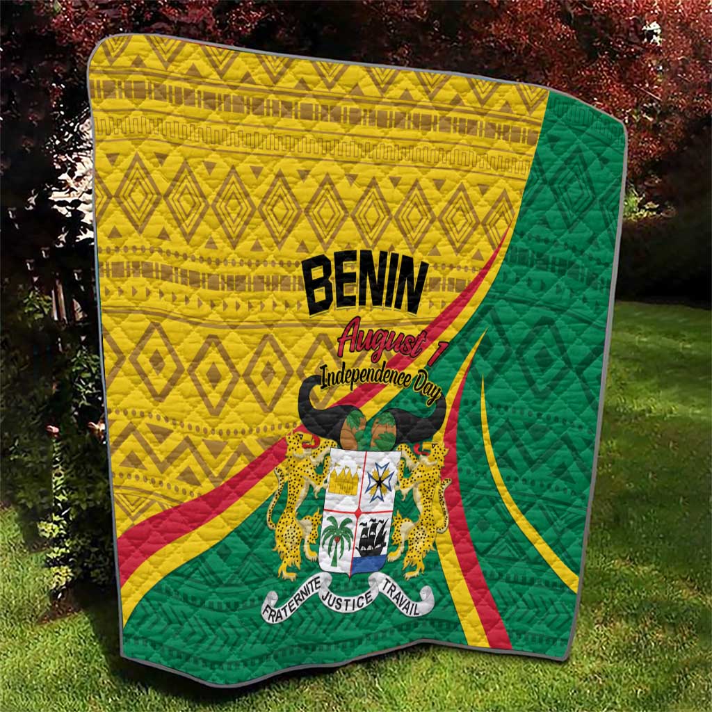 Benin independence quilt with bold text, chevron patterns, and central emblem in green