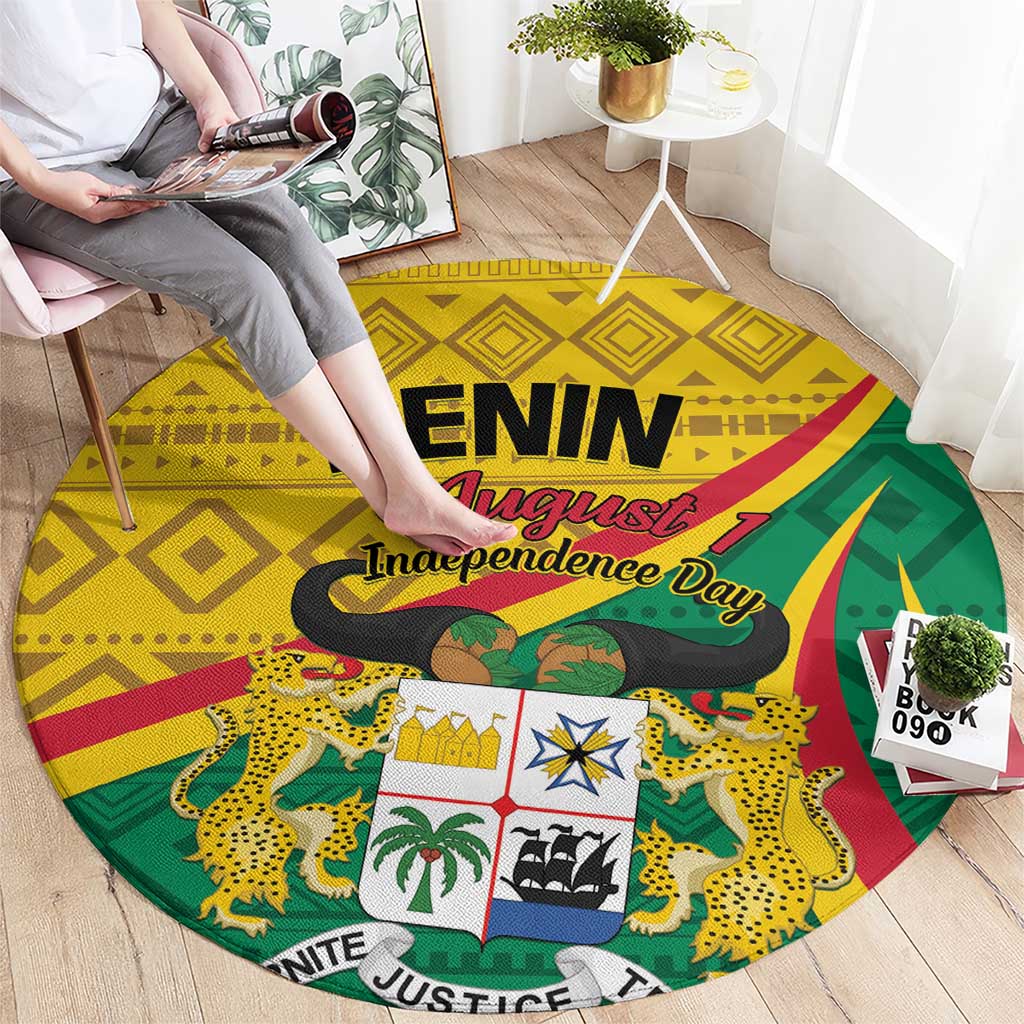 Round carpet with Benin Independence Day graphic in yellow, green, and red