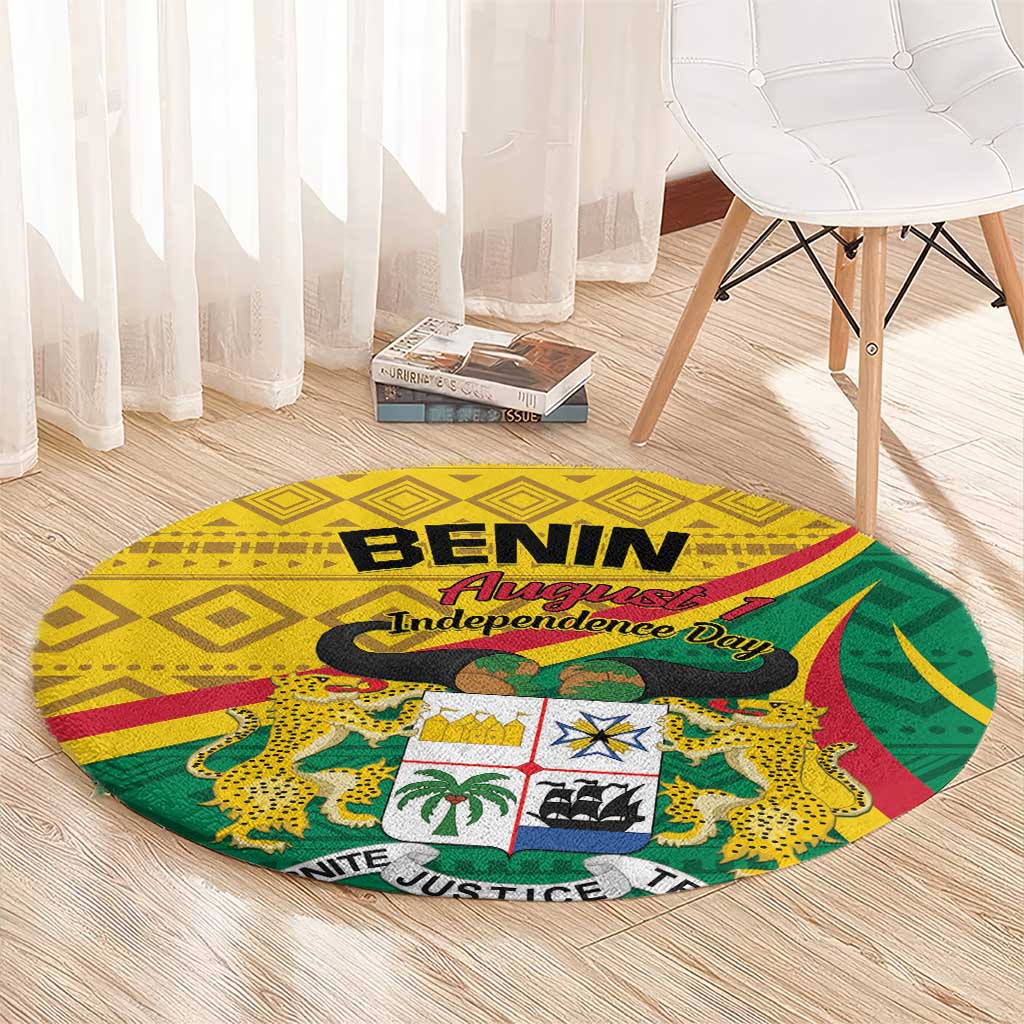 Round carpet with Benin Independence Day print and flag-style crest, yellow-green