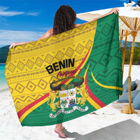 Colorful personalized Benin independence sarong with green and yellow geometric print, map and text