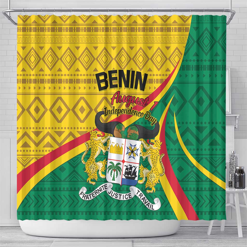 Colorful Benin Independence Day shower curtain, green side panel with red and gold stripes