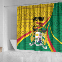 Colorful Benin Independence Day shower curtain with central shield emblem on yellow and green