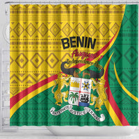 Colorful Benin Independence Day shower curtain with BENIN and August 1 wording over lion crest