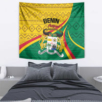 Colorful Benin Independence Day tapestry with central crest and patterned border, green and gold