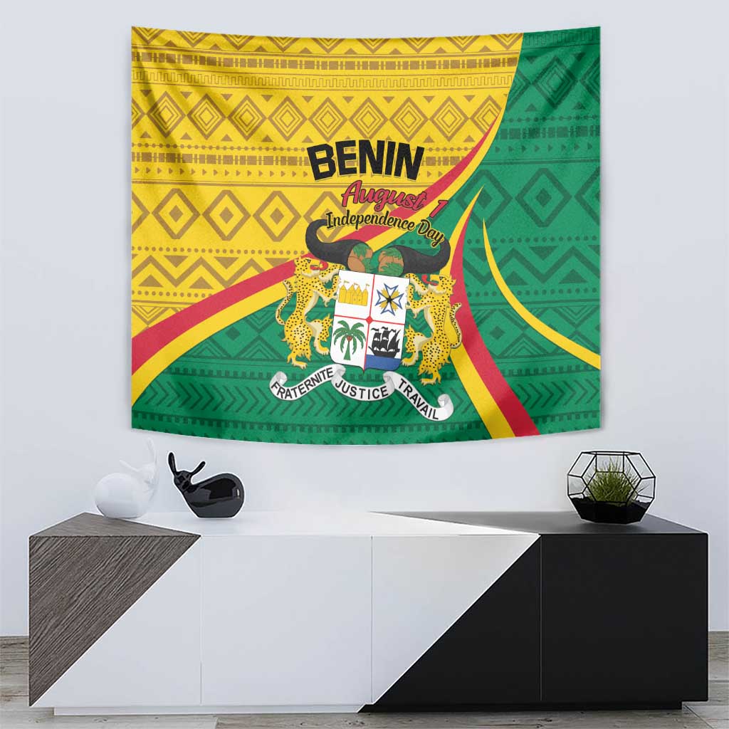 Rectangular green and yellow Benin Independence Day tapestry with emblem and bold BENIN text.