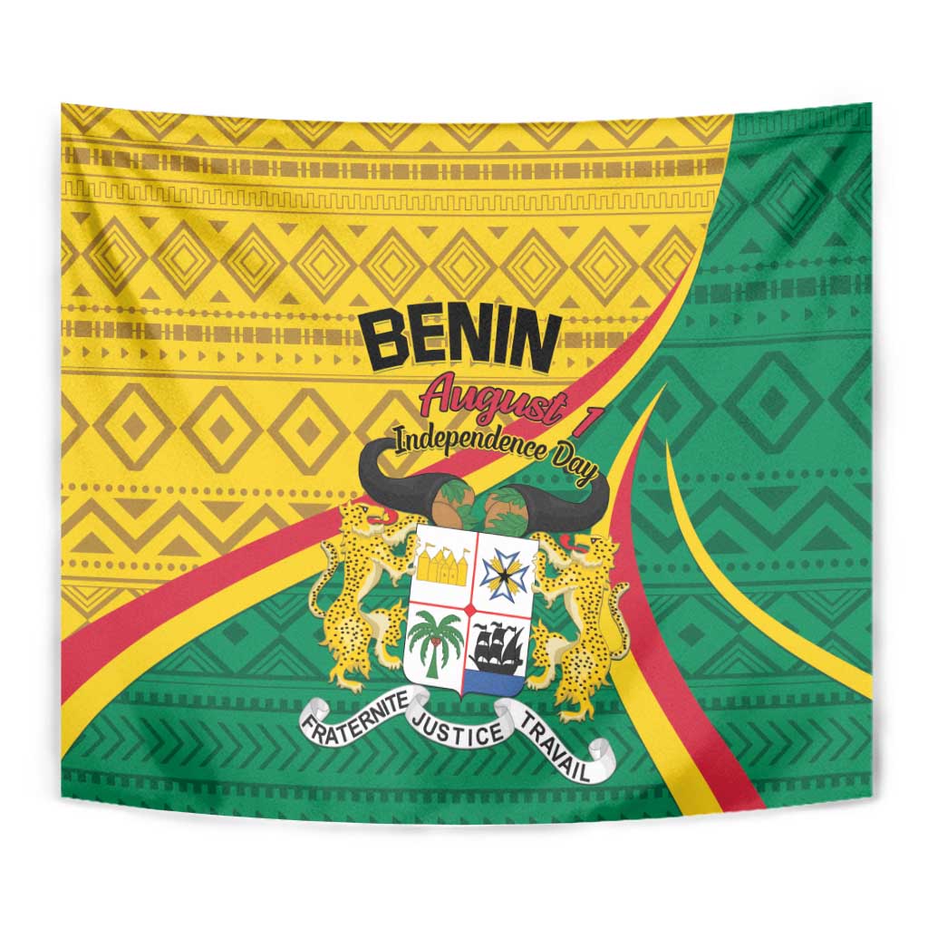Benin Independence Day 1960 tapestry with yellow, green, red graphics, Benin text and emblem