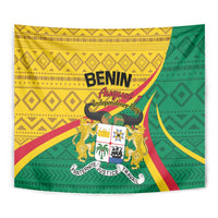 Benin Independence Day 1960 tapestry with yellow, green, red graphics, Benin text and emblem