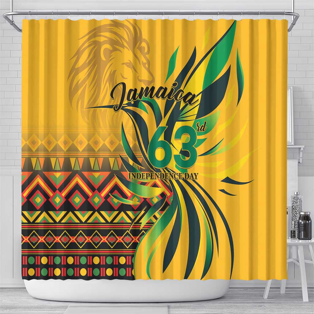 Yellow Jamaica 63 Independence Day shower curtain with bold pattern and leaf burst