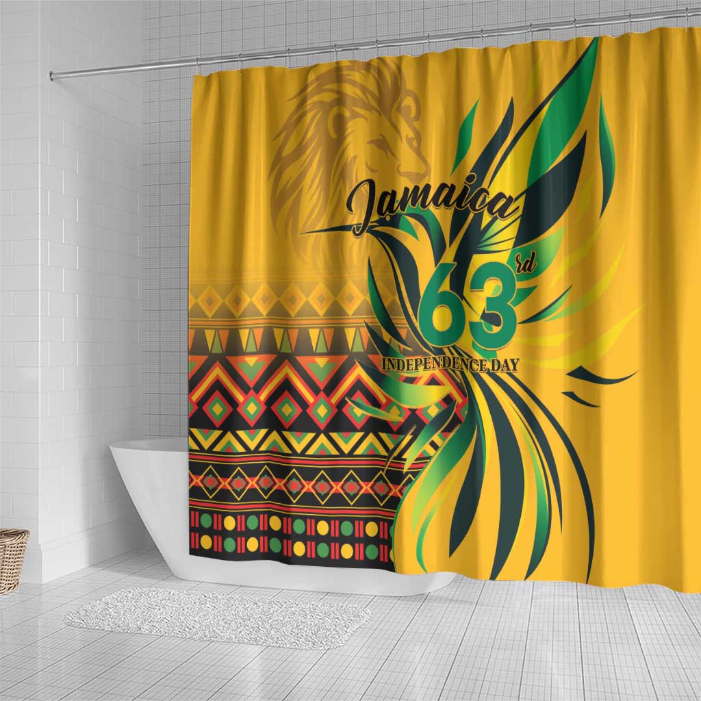 Yellow Jamaica 63 Independence Day shower curtain, wide view with tropical graphic