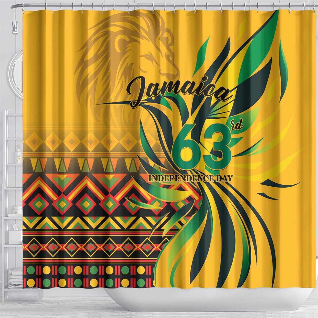 Yellow Jamaica 63 Independence Day shower curtain with Jamaica text and striped patterns