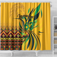 Yellow Jamaica 63 Independence Day shower curtain close-up of Jamaica text and teal leaves
