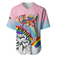 Pink baseball jersey with Welsh dragon, Pride rainbow graphic, and clenched-fist print