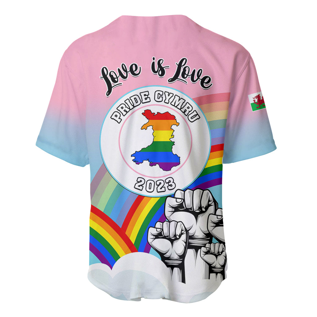 Pink baseball jersey back with 'Love is Love', Pride Cymru 2023 badge, rainbow fists