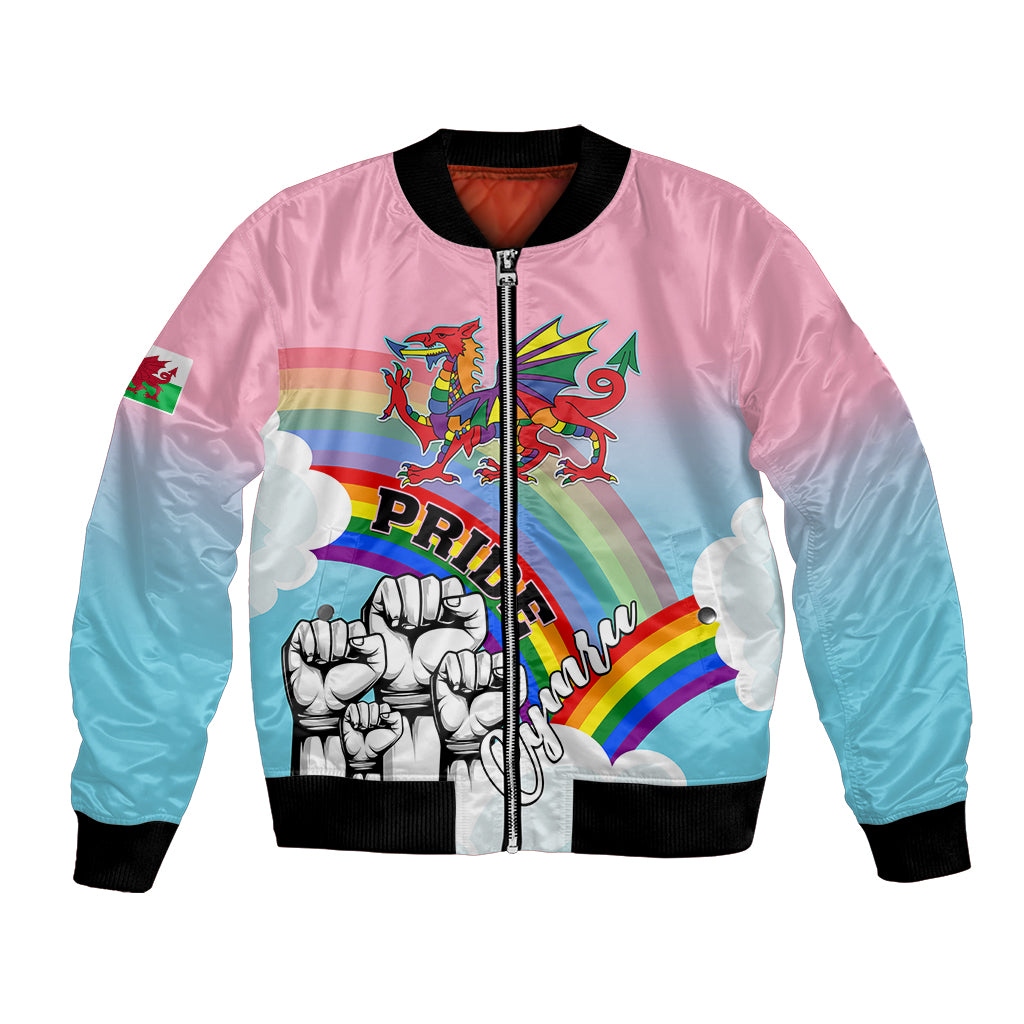 Unisex rainbow Pride bomber jacket with Welsh dragon graphic, full zip and ribbed cuffs