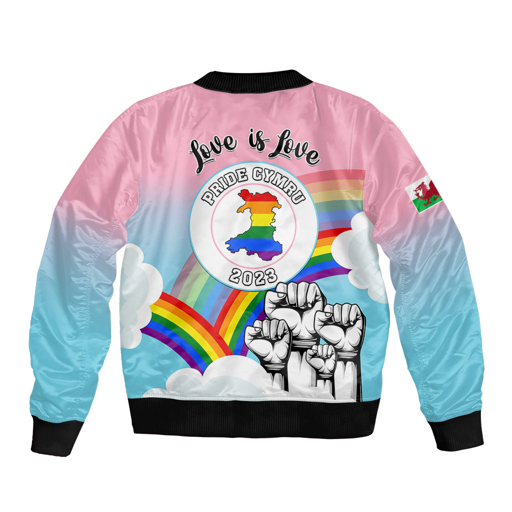 Unisex rainbow bomber jacket back print with Pride Cymru 2023 logo and fists graphic