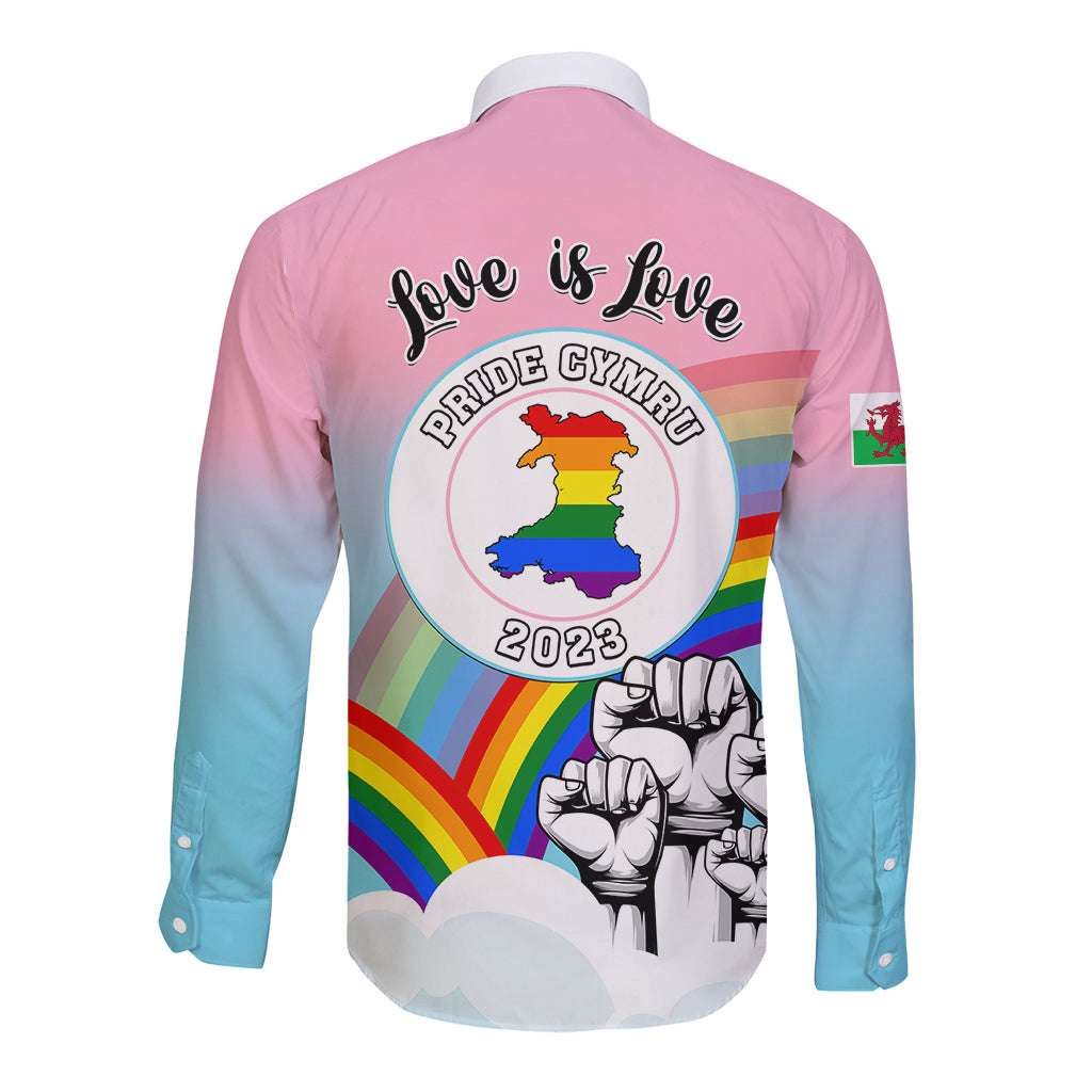 Rainbow gradient long-sleeve button shirt with Love is Love back print and Pride 2023