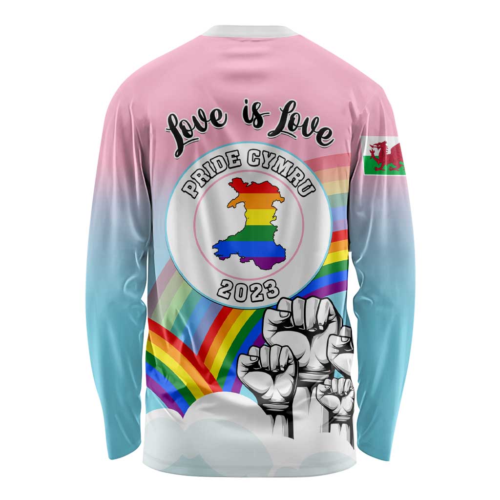 Pink-to-blue long sleeve shirt with 'Love is Love' text and Pride Cymru 2023 logo