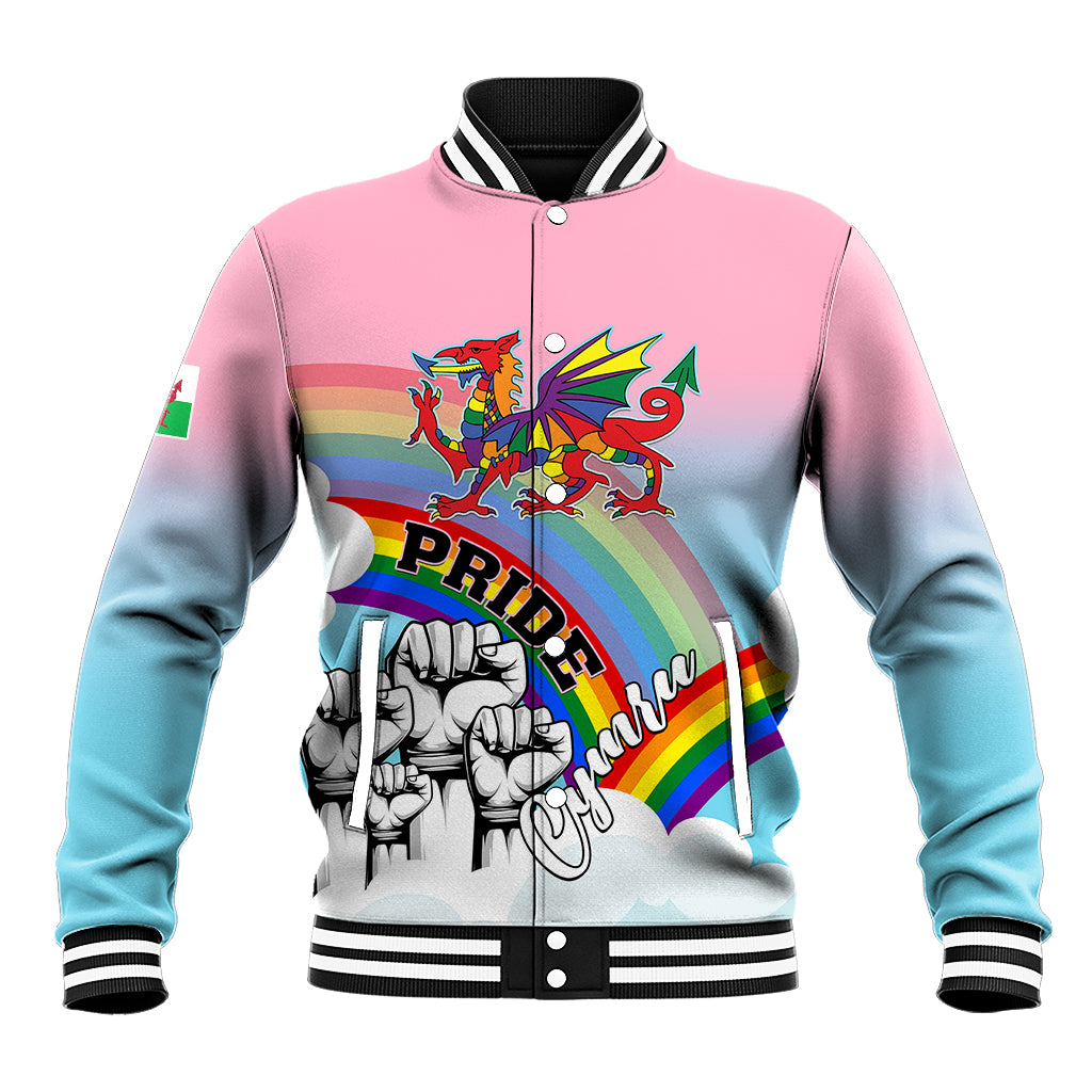 Pink-to-blue gradient baseball jacket with striped collar and rainbow Welsh dragon graphic