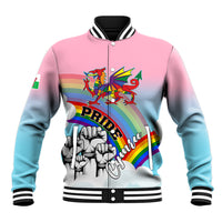 Pink-to-blue gradient baseball jacket with striped collar and rainbow Welsh dragon graphic