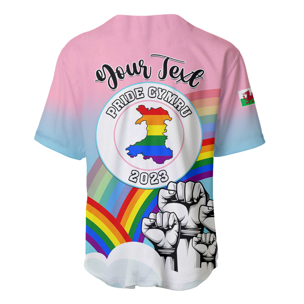 Rainbow Pride Cymru 2023 baseball jersey with circular logo and rainbow stripe artwork