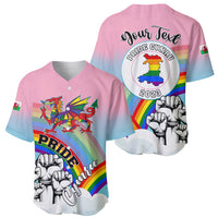 Pink baseball jersey showing Welsh dragon front and Pride Cymru 2023 back graphic