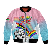 Rainbow pride bomber jacket with Welsh dragon graphic, black ribbed collar and zip front