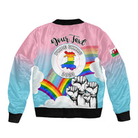 Rainbow pride bomber jacket back print with emblem, rainbow arcs, fists, black ribbed hem