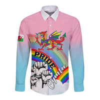 Pink long-sleeve button shirt with white collar and Welsh dragon rainbow graphic