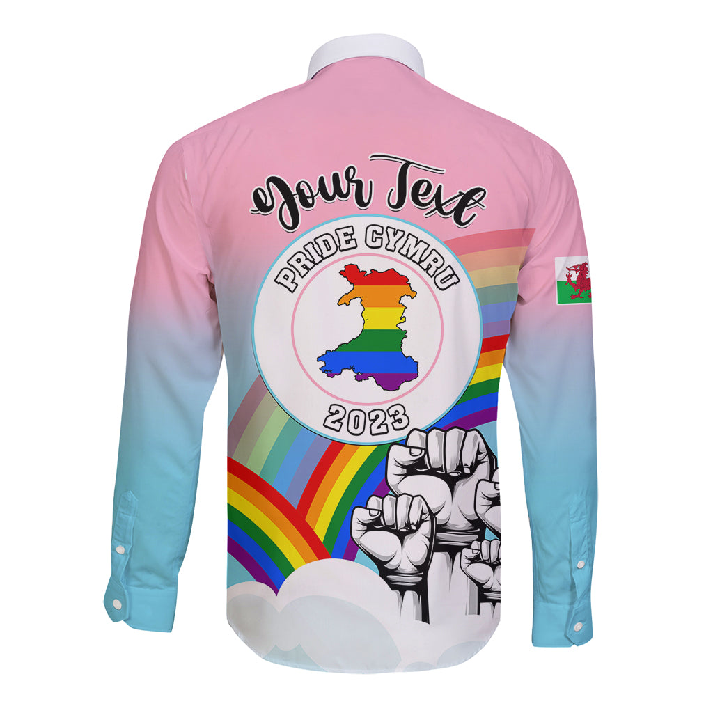 Pink long-sleeve button shirt with back 'Your Text' and Pride Cymru rainbow emblem
