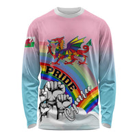 Pink long sleeve shirt with rainbow gradient sleeves and Pride Cymru dragon graphic