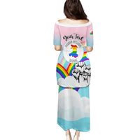 Pink long dress with rainbow Pride graphic and 'Your text' back print