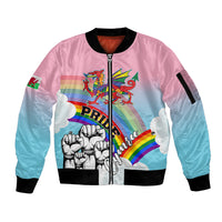 Unisex satin bomber jacket with rainbow dragon graphic, front zip, black ribbed collar/cuffs