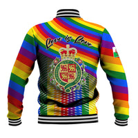 Unisex rainbow-striped baseball jacket with Love is Love back graphic and crest